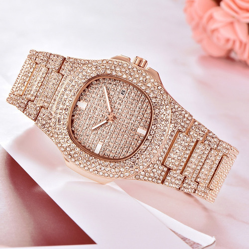 Cadena Cubana Reloj Pulsera Con Diamantes Iced Simil Oro M®