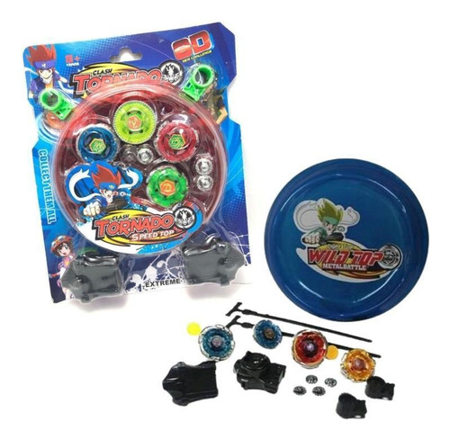 Batalha Beyblade Kit Com 4 Peões Mini Arena Azul Ou Vermelha