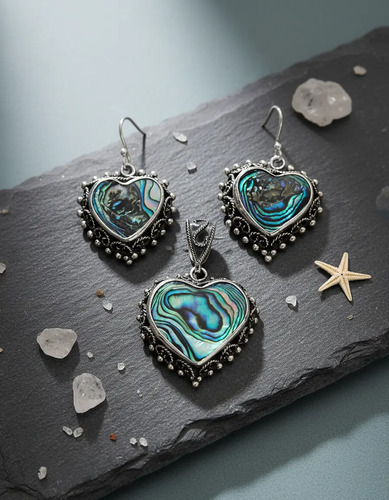 Set Corazón Abulón Plata .925 Hecho A Mano