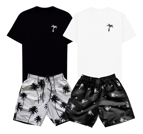 Kit 2 Camisetas Algodão Premium E 2 Shorts Tactel Moda Praia