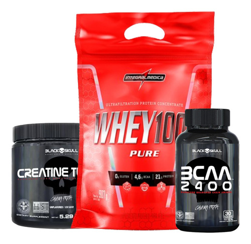 Whey 100% Integralmédica 900g + Creatina + Bcaa Black Skull