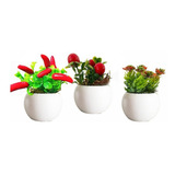 3 Mini Suculentas  Flores Artificiais Decorativas C/ Vaso