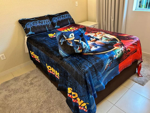 Manta Casal Com Fronha E Almofada Sonic, Cobertor Fleece 4pç