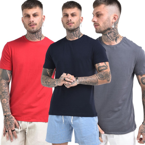 Kit 3 Camisetas Masculina Básica Algodão Peruano Fit Slim