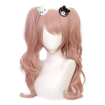 Cosplay Rosa Doble Cola De Caballo Larga Peluca Color Rosa