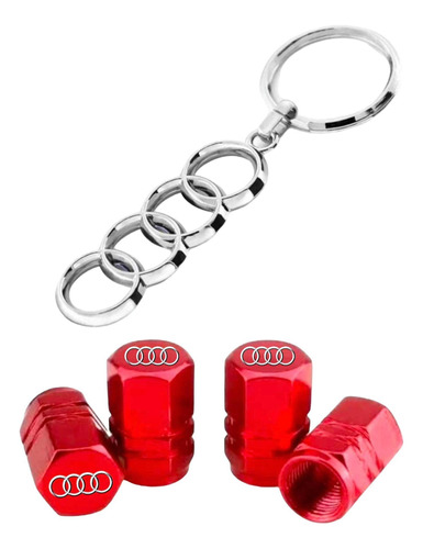 Tapon Valvula Rojo Con Logotipo Y Llavero Metálico De Audi 