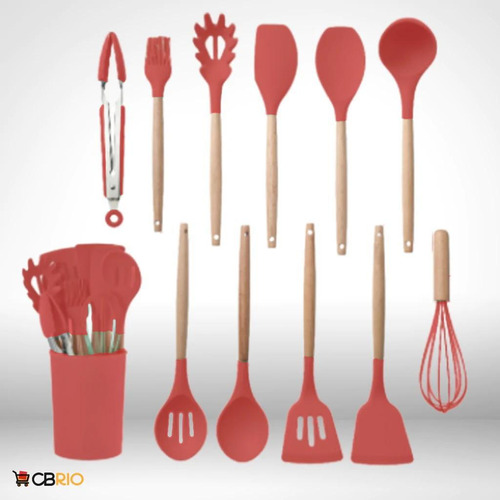 Utensílios Cozinha 12 Peças Kit Silicone Cabo De Madeira Mor