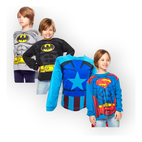 Kit 4 Camiseta Heroi Infantil Capa Antialergicas Manga Longa