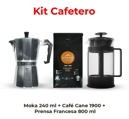 Kit Cafetero Moka 240ml + Prensa Francesa 800ml + Café Amber