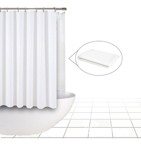 Combo Cortina Baño Tela + 12 Ganchos Plastico + Protector 