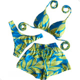 Conjunto Biquini Trikini Kit 3 Peças Short Moda Praia Lindo 