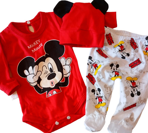 Set Conjunto Ajuar 3p Bebe Mickey Minnie Algodon Gorro Oreja