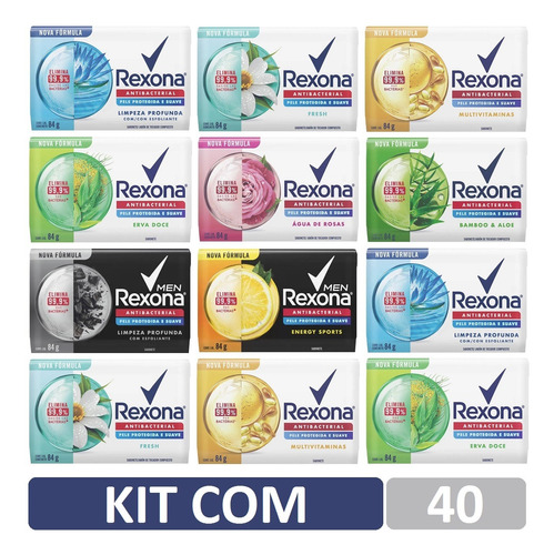 Kit Com 40 Sabonetes Em Barra Rexona 84g Sortidos