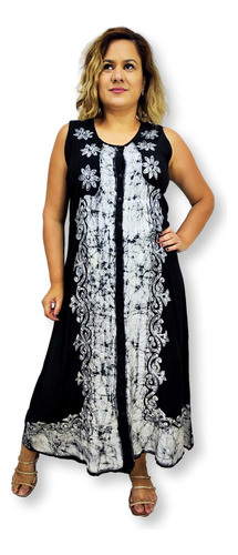 Vestido Longo Indiano Batik Regata Bordado Com Botão 5017