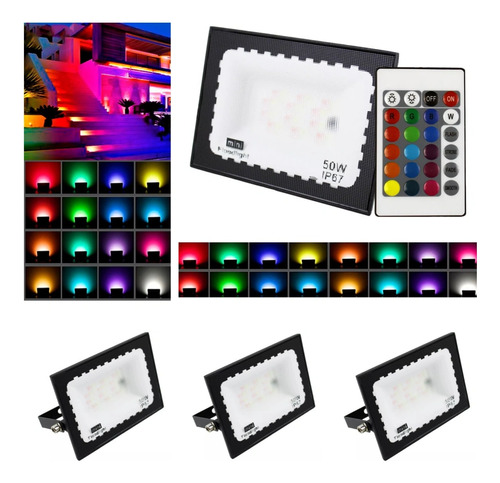 Kit 4 X Refletor Led Holofote 50w Rgb Colorido Com Controle