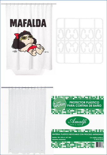 Cortina Baño Poliester + Protector + Ganchos Mafalda Playa