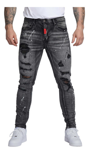 [logeqi] Jeans Negros Rasgados De Arte Gótico Para Hombre
