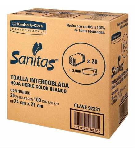 Toalla Interdoblada Sanitas 20 Paquetes Con 100 Hojas