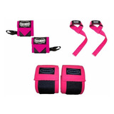 3 Kit Gym Mujer: Rodilleras, Muñequeras, Straps Pesas Rosa