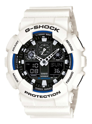 Reloj De Pulsera Casio G-shock Ga100 De Cuerpo Color Blanco, Analógico-digital, Para Hombre, Fondo Negro, Con Correa De Resina Color Blanco, Agujas Color Blanco, Dial Blanco, Subesferas Color Negro Y 