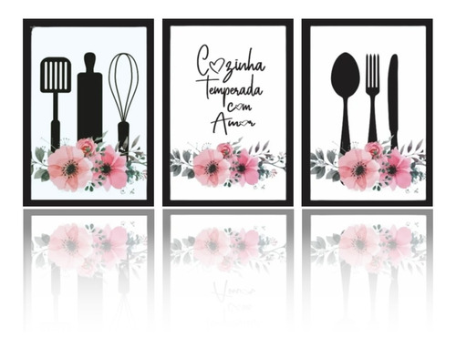 Quadros Decorativos 3 Pçs 20x30 Cozinha Temperada Com Amor