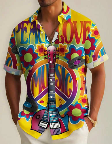 Camisa Vintage Hippie Con Música Y Símbolo De La Paz For