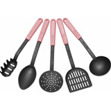 Kit 5 Utensílios Cozinha Rosa Colher Concha Espátula Pegador