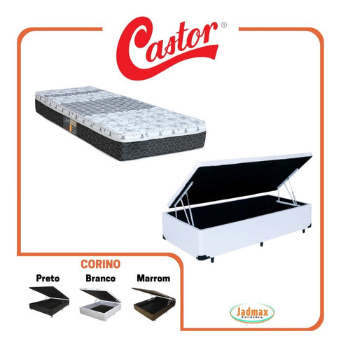 Colchão Castor Molas Solteiro + Cama Box Baú 88x188 Cor Corino Branco