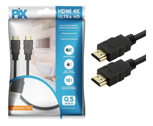 Cabo Hdmi 2.0 Gold 4k 3d Ultrahd 19 Pinos Chip 50cm Pix 0,5m