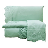 Roupa De Cama Queen 04 Peças Nuance Bordado Inglês 300 Fios Cor Esmeralda Desenho Do Tecido Liso Com Detalhe Bordado Ingês