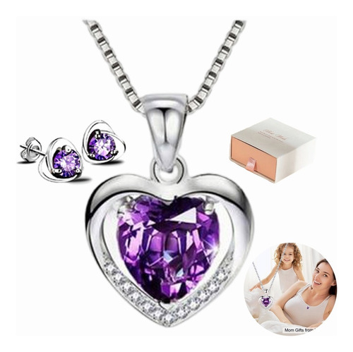 925 Plata Púrpura Cristal Corazón Colgante Collar De Mujer