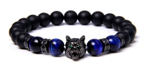 Pulsera De Lobo Piedra Ojo De Tigre Azul Y Onix M1