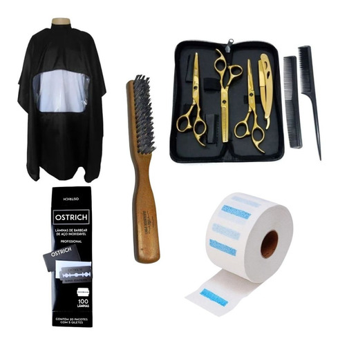 Kit Para  Barbeiro 3 Tesouras 6.0 Gola Navalha Escova Capa