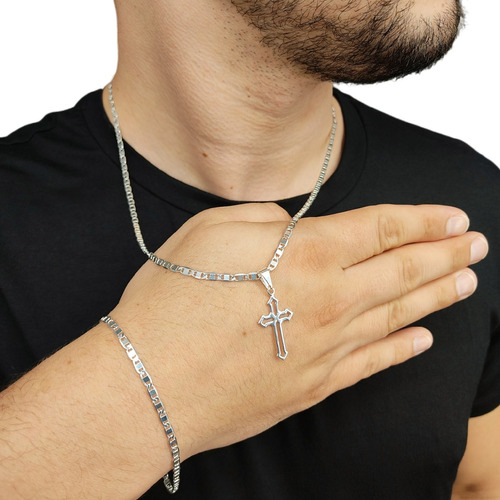 Correntinha Masculina 2mm Prata 925 Com Pulseira E Pingente