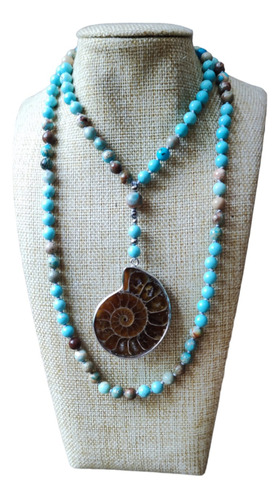 Japa Mala Collar Turquesa Y Jaspe, Colgante Fósil Ammonite