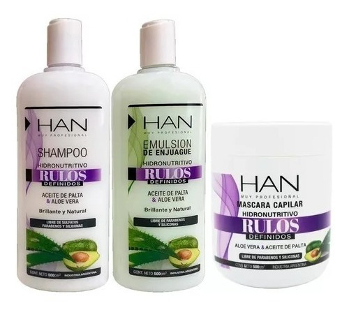 Kit Rulos Han Shampoo+enjuague+baño Crema 500gr Curly Girl