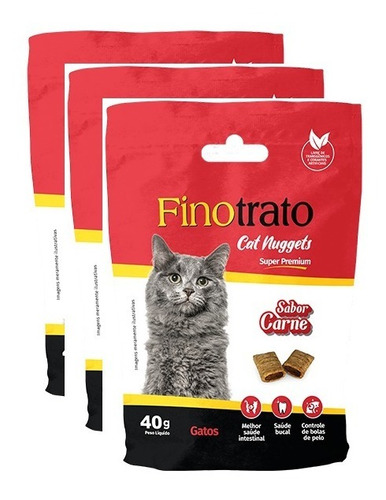 Kit 3 Petisco Finotrato Cat Nuggets Bolas De Pelo Carne 40g