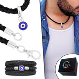 Bracelete Pingente Olho Grego Couro Preto + Gargantilha Top