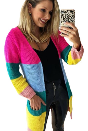 Kimono Cardigan Casaco Listrado Colorido Rainbow