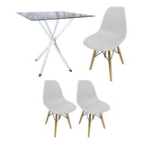 Mesa Vidro Quadrado 90cm Base Italy + 3 Cadeira Eiffel Cc