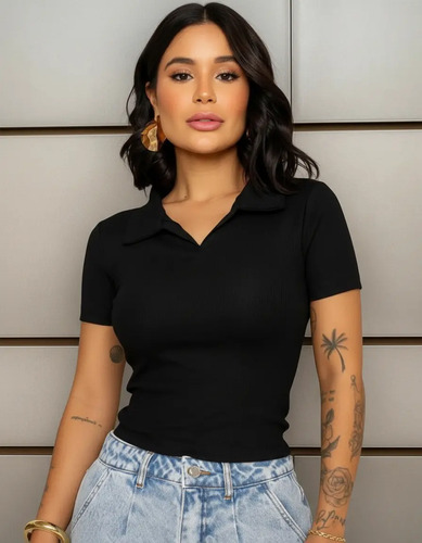 Blusa Feminina T-shirt Canelada Premium Camiseta Gola Polo