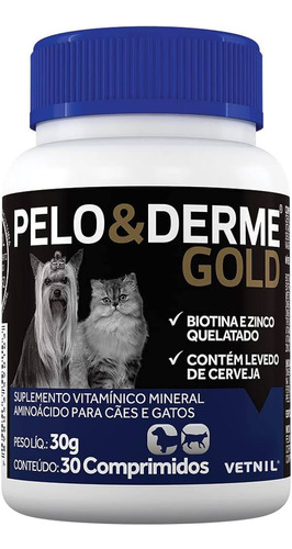 Pelo E Derme Gold Vetnil 30 Comprim. Suplemento Cães Gatos
