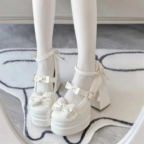 Mary Janes Lolita Con Lazo, Tacón Ancho Y Hebilla De Platafo