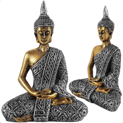 Enfeite Buda Hindu Dourado Prata Meditando Resina Luxo 20cm