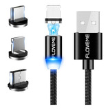 Cable Cargador Usb Magnético 3 En 1 Tipo C/led Para Ios Y Android, Color Negro