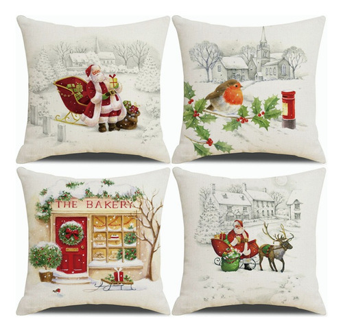 4 Fundas De Almohada Papá Noel De Lino De Navidad Decorar