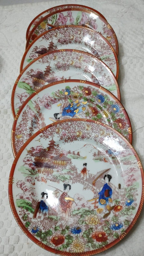 Juego, Seis Platos Postre, Porcelana Japonesa, Pintados Mano