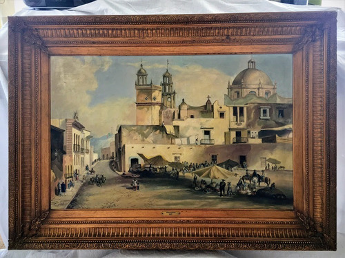 Óleo Original Antiguo Paisaje Guanajuato Marco Hoja De Oro