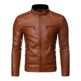 Chaqueta Cuero Pu Cremallera Y Rayas Cuello Levantado Hombre