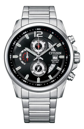 Reloj Citizen An369056e Para Hombre Cronógrafo Fechador Color De La Malla Plateado Color Del Bisel Negro Color Del Fondo Negro